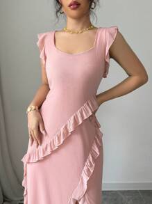 SHEIN Unity 女士纯色甜心领盖袖开摆优雅连衣裙 - 藍色 - 查看 4