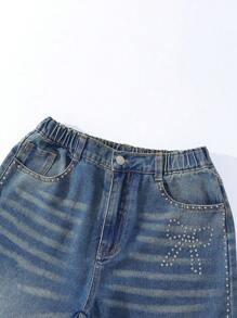 Jeans dritti rilassati per ragazze adolescenti, stile vintage, bohémien, Y2K, urban street, con dettagli dello stub, vita elasticizzata e chiusura a bottone, tasche piatte e dettagli a baffi di gatto - Blu lavato scuro - Visualizzare 4