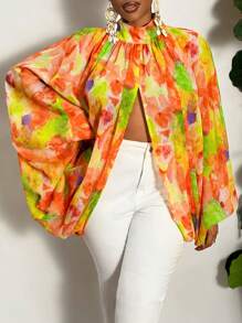 Slaydiva Plus Size Elegant Mock Neck Ruched Semi-Sheer Loose Camel Long Sleeve Blouse Top For Fall - Multicolor - View 7