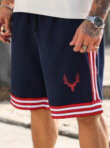 Manfinity Homme Pantalones cortos casuales holgados con bolsillo, cordón de ajuste en la cintura para hombres talla grande con rayas