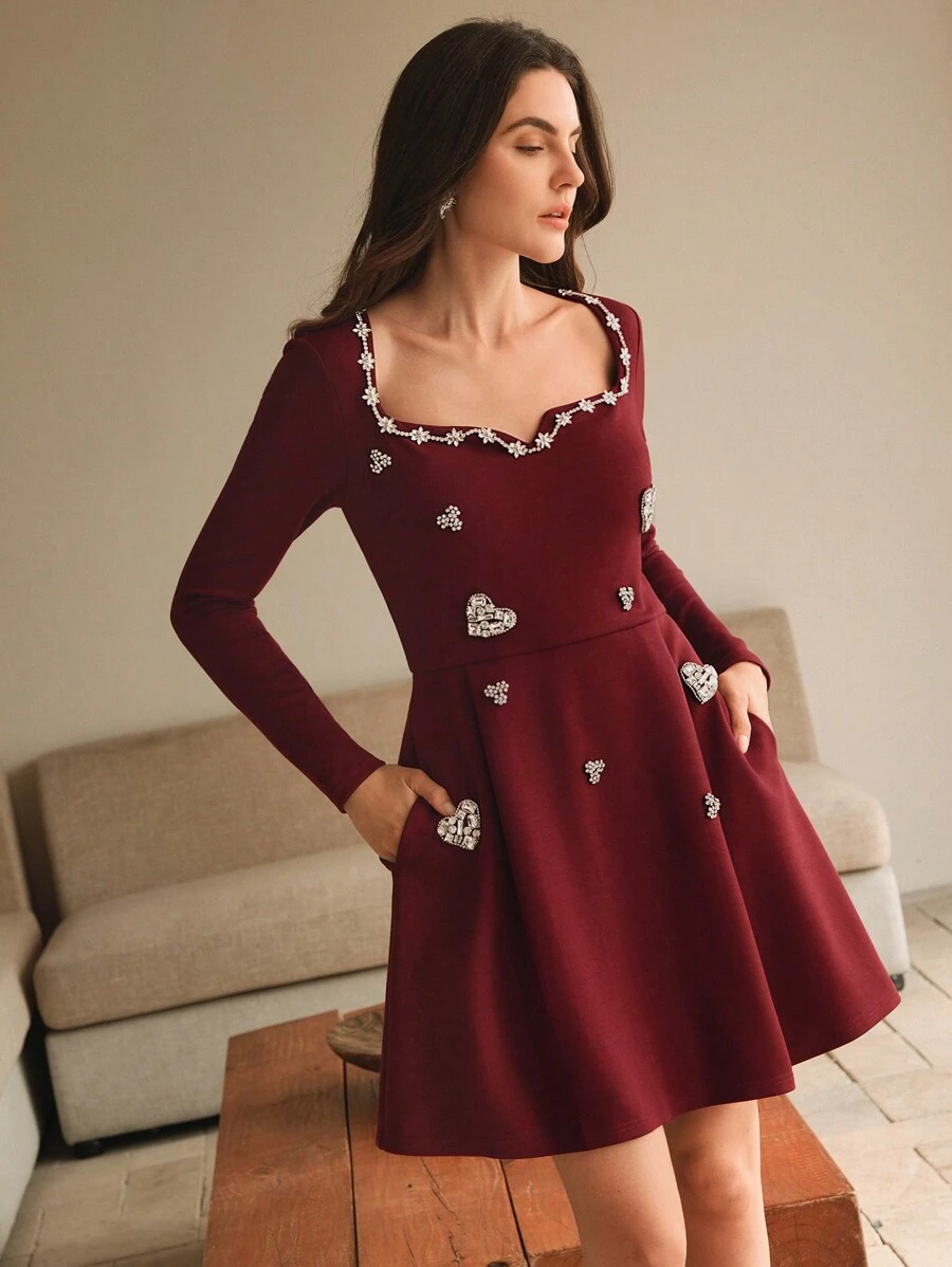 Anewsta Elegant Short White Long Sleeve Dress With Heart-Shaped Rhinestone Decor, Suitable For Valentines, Spring, Festival Outfits