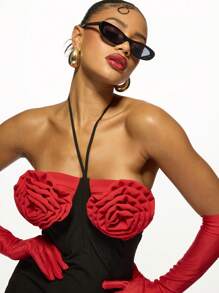 MISSGUIDED Glamorous Halter Mini Dress With Rose Applique Detail Party Evening Bodycon Dress With Sweetheart Bust Design Holiday New Year Christmas Celebration Outfit - Black - View 3