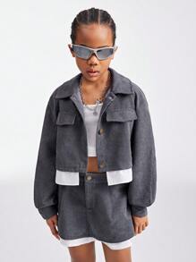 SHEIN Tween Girls Spring/Summer 2pcs Corduroy Patchwork Girl Casual Long Sleeve Jacket And A-Line Skirt Set - Grey - View 5