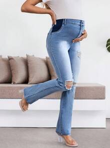 SHEIN Maternity Light Blue Denim Flare Leg Ripped Jeans,Casual Summer For Women,Beach,Brunch,Spring Break,Concert,Rave Festival,Country Concert,Nashville - Blue - View 4