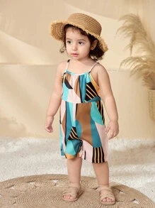 Baby Girl Infant/Toddler 0-3 Years Spring/Summer New Abstract Geometric Multi-Color Casual Loose Comfortable Jumpsuit Romper Suitable For Daily Outings