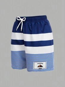 SHEIN Leap Crew 2pc Set Young Boy Casual Striped Beach Pants Look Like Two Pieces Suits, Suitable For Travel, Vacation, Swimming Sports - Blue and White - View 6