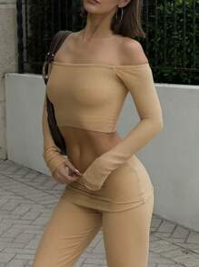 SHEIN EZwear بدلة رياضية للسيدات 2 قطعة- قميص طويل الأكمام وتنورة