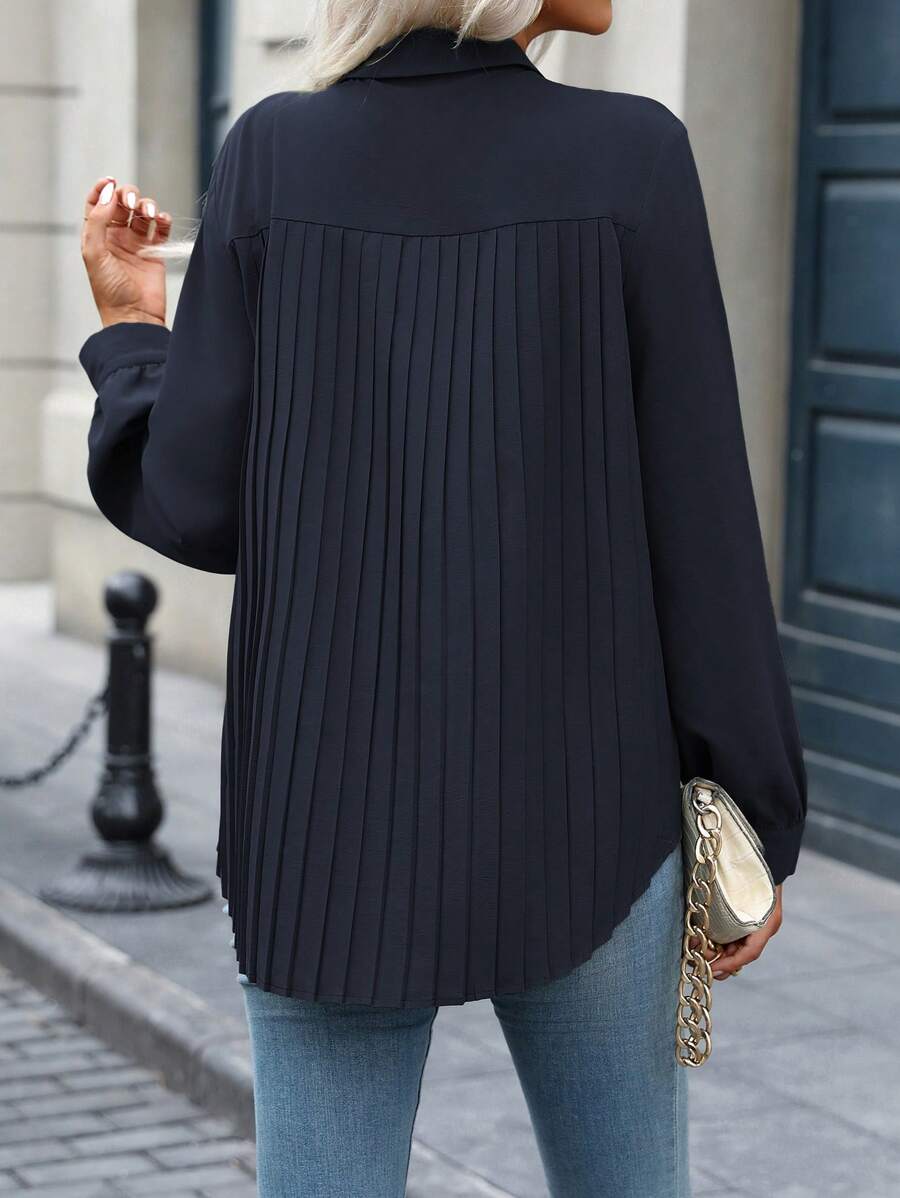 EMERY ROSE Women's Solid Color Casual Commuter Shirt With Turndown Collar, Front Placket, Back Pleats, Curved Hem, Long Sleeve Blouse, Suitable For Spring And Autumn Fall Cloth For Women - Navy Blue - View 1
