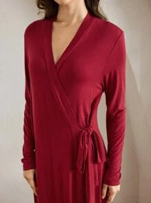 Ocili 女士纯色系带长袖简约休闲长袍 - 酒紅色 - 查看 6