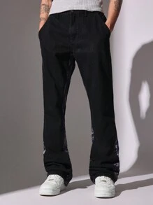 SUMWON Designer Panel Flare Jeans With Bandana Print Insert Stretch Y2K Fashion Streetwear Wide Bottom High Waist Vintage Style Denim - Black - View 2