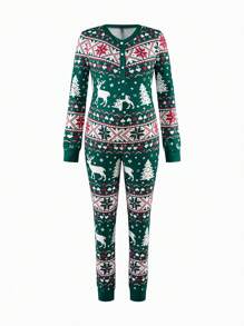 SHEIN Maternity Front Button Long Sleeve Simple Christmas Print Jumpsuit - Green - View 1