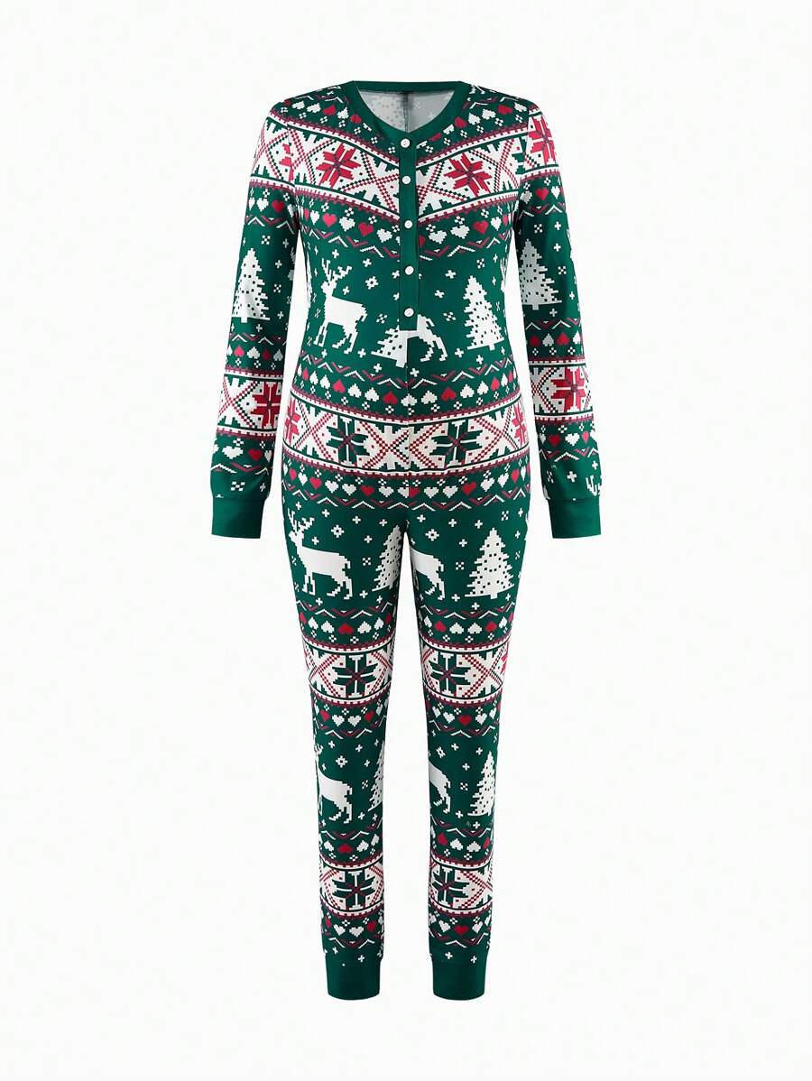 SHEIN Maternity Front Button Long Sleeve Simple Christmas Print Jumpsuit - Green - View 1