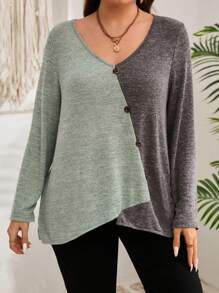 EMERY ROSE 大码女式休闲撞色长袖纽扣不对称下摆 T 恤，秋季 - 薄荷綠 - 查看 4