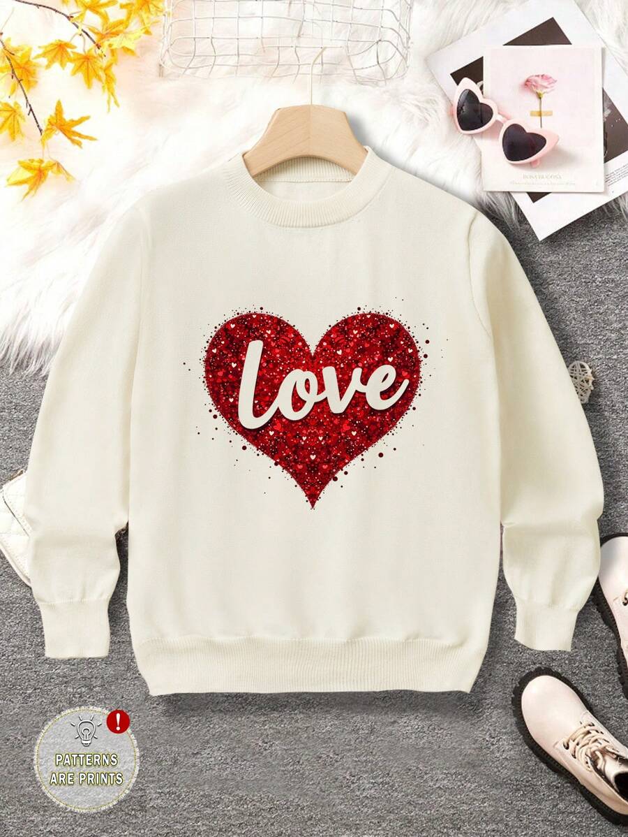 少女休闲闪亮心形印花针织毛衣，舒适韩版风格 - 杏色 - 查看 1