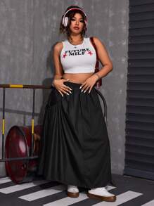 SHEIN ICON Plus Size Loose Plus Size Denim Peplum Midi Skirt - Black - View 5