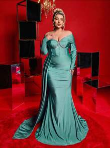 SHEIN X Izzy Darnell Glamrae Plus Size Szaro-zielona Elegancka luksusowa sukienka z odkrytymi ramionami z kryształkami i falbaniastym ogonem syreny wieczorowa sukienka