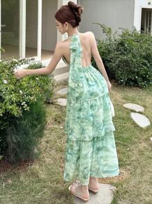 DAZY V-Neck Sleeveless Ruffle Trim Mid-Calf Floral Print Spring Dress For Women Sundress