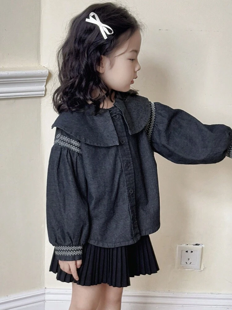 Young Girl Denim Jacket With Collar, Young Girl Casual Outerwear For Fall