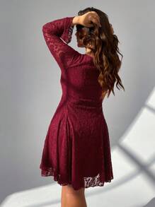 SHEIN Privé Váy chữ A tay dài in hoa ren nhung thanh lịch cỡ lớn cho nữ, dáng chữ V sâu gợi cảm, phong cách quyến rũ, mùa xuân/hè - Đỏ - Xem 4