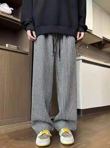 Claim Dot Men's Simple Striped Drawstring Casual Long Pants, Everyday Wear, Fall - Black and White - View 3