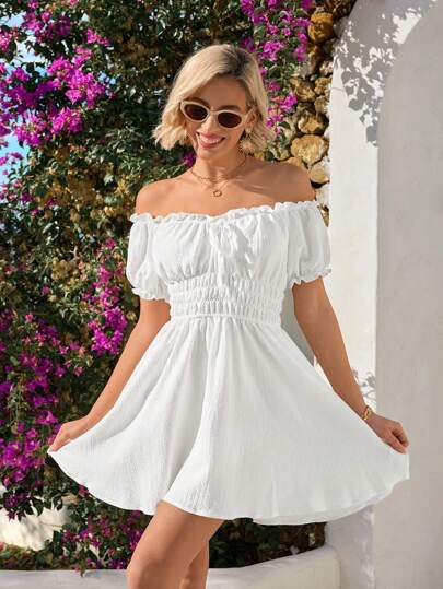 Vivid Eden One Line Shoulder Ruffles Waisted Summer Beach Women Dress,Summer Clothing,Vacation Style,For Beach Vacation