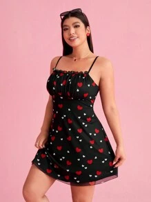 SHEIN EZwear Heart Print Mesh Plus Size Camisole Mini Dress/Valentine's Day - Black - View 6