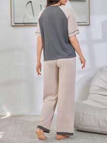 Color Block Raglan Sleeve Top & Pants Loose Casual Women Pajama Set Outfit - Apricot - View 2