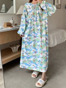 DAZY Cute Cartoon Print Gathered Drawstring Lantern Sleeve Loose Nightgown Pajama - Multicolor - View 8
