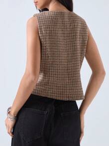 SHEIN EZwear Women's Front Button Sleeveless Plaid Minimalist Casual Thin Blazer