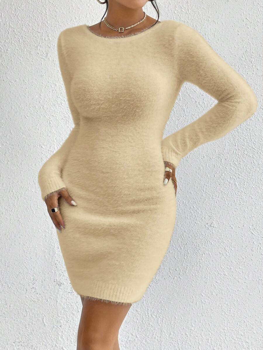 SHEIN Privé 女士纯色圆领长袖羊毛修身毛衣连衣裙，秋冬 - 杏色 - 查看 1