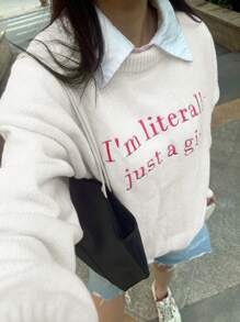 Chiquease Women's Casual Embroidered Letter Long Sleeve Knitted Sweater Fall Winter