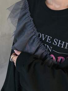 FRIFUL Women's Letter Print Mesh Patchwork Loose Slouchy T-Shirt,Fall Clothes - Black - View 7