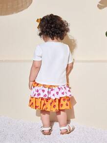 SHEIN Leap Crew 2 件装女婴碎花短袖上衣和裙子套装，夏季服装 - 黃色 - 查看 2