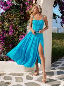 Vivid Eden Solid Ruched Bust Ruffle Hem Cami Dress,Summer Clothing,Vacation Style,For Beach Vacation - Mint Blue - View 4