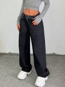 EURMUSE LOW RISE STRAIGHT CUT ASYMMETRIC BELT JEAN - Black - View 5