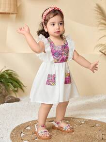 Baby Girls 0-3 Years Elegant Retro Vacation Casual Pattern Ruffle Knit Dress, White & Rose Red Colorblock, White Dress