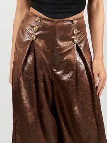 Glamine Pantalones anchos de talle alto de tela metálica marrón retro para mujer de diseño elegante, apropiados para el trabajo, fiestas, citas y uso versátil.