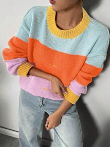 SHEIN LUNE 色彩缤纷宽松休闲圆领套头长袖女式针织毛衣，秋冬款 - 彩色 - 查看 6