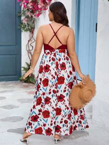 SHEIN VCAY Vestido maxi romántico para la playa con escote en V sin espalda, tirantes y parches con rosas rojas, para talla grande, para San Valentín - Rojo - Ver 5