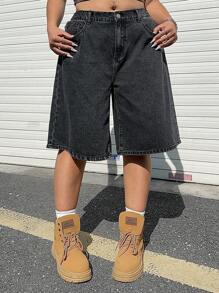 Dripcurv Quần short denim Y2K lưng thun co giãn màu đen cỡ lớn mùa hè - màu đen - Xem 2