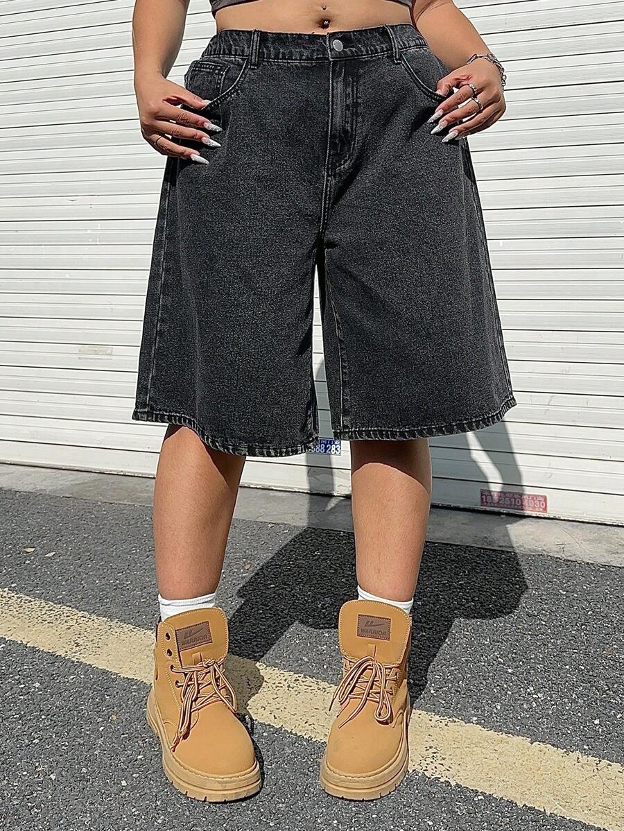 Dripcurv Quần short denim Y2K lưng thun co giãn màu đen cỡ lớn mùa hè