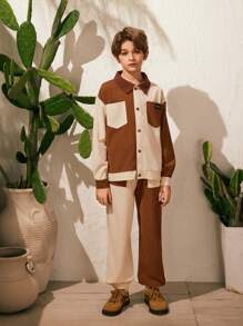 SHEIN Boys 2pcs Beige Autumn Streetwear Set,Corduroy Collar Contrasting Splicing Long-Sleeve Shirt & Long Pants For School,Outdoor Play,Urban Casual Style - Yellow - View 4