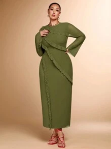 SHEIN BAE 大码女式秋季长袖纯色红色荷叶边针织连衣裙，多层设计适合鸡尾酒会、浪漫约会、正式派对、婚礼、伴娘、晚宴、万圣节、圣诞节 - 軍綠色 - 查看 8