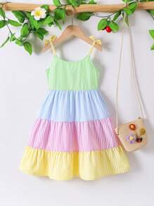 SHEIN Elladie kids Young Girl Casual Simplified Patchwork Striped Slip Dress, Cake Design, Summer Summer Holiday - Multicolor - View 2