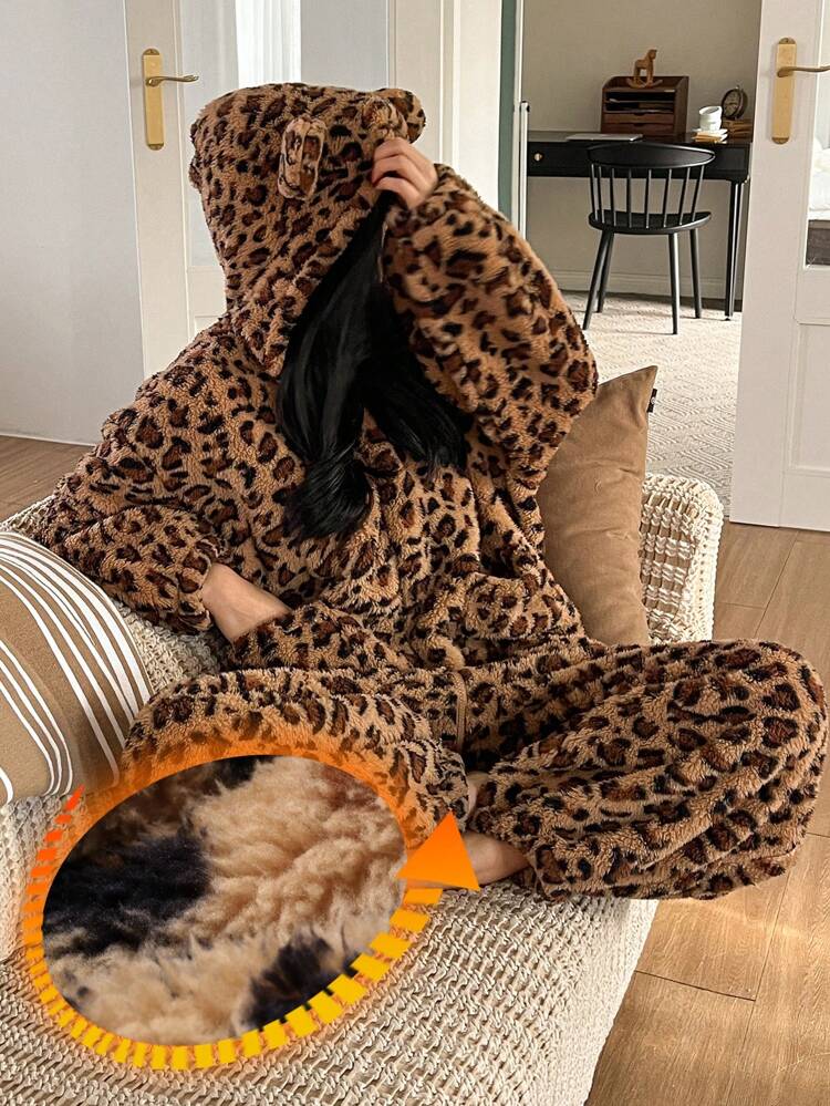 Flannel Leopard Print Hooded Jumpsuit With Cute Ear Decor, Warm Winter Sleepwear, Thermal Lined, For Fall Winter Fluffy, Cozy