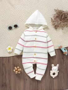 女婴前扣长袖条纹休闲连体衣