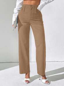 SHEIN PETITE Quần ống đứng dệt trơn màu cho nữ - Màu Khaki - Xem 3