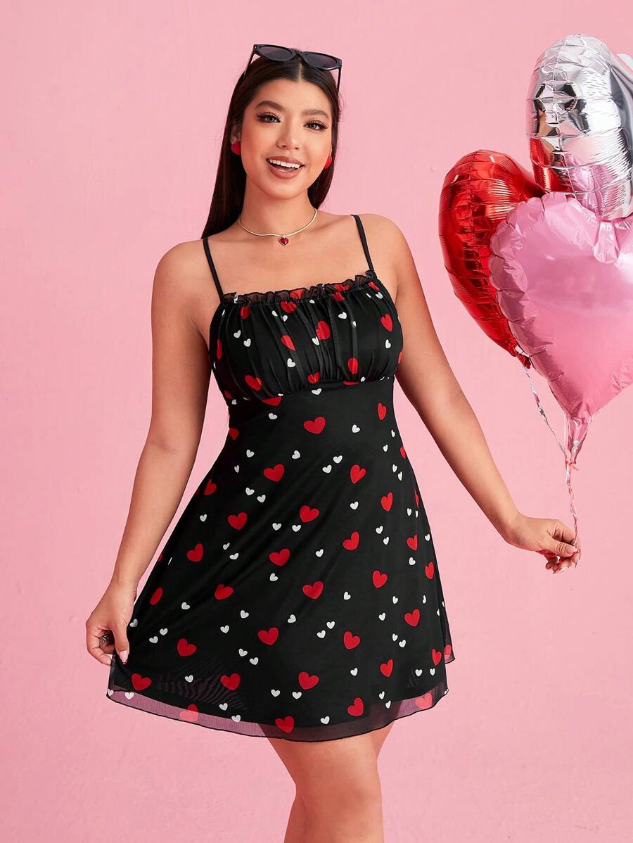 SHEIN EZwear Heart Print Mesh Plus Size Camisole Mini Dress/Valentine's Day - Black - View 1