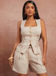 SHEIN SXY Spring/Summer Date Valentine's Day Elegant Holiday Light Khaki Woven Flax Square Collar Front Center Cardigan Sleeveless Suit Waistcoat With Cross Strap Waist Design On The Side In Fall/Winter - Apricot - View 1