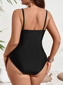 Swim SXY 加大码 1 件纯色细肩带前镂空金属海星装饰性感优雅连体泳衣女式夏季连体泳衣 - 黑色 - 查看 2